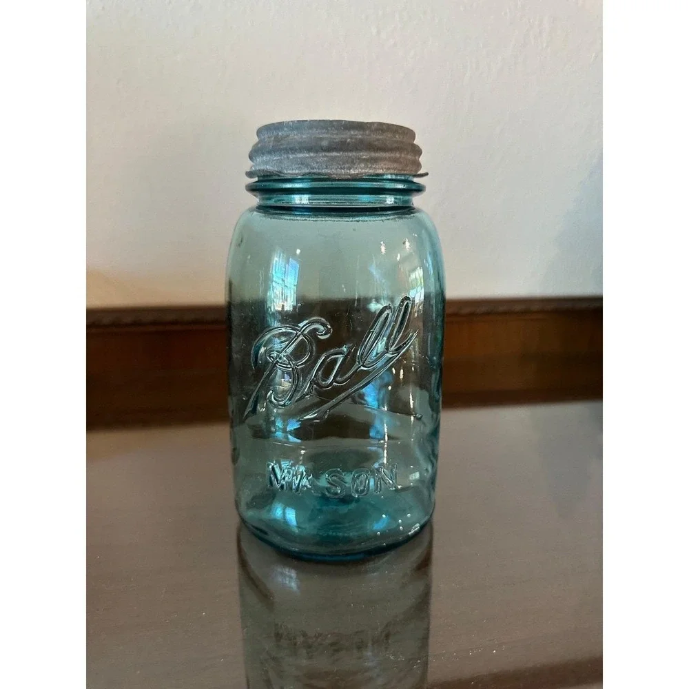 Antique Ball Mason Blue Quart Jar Zinc Lid Wavy Glass Air Bubbles Aqua #6
